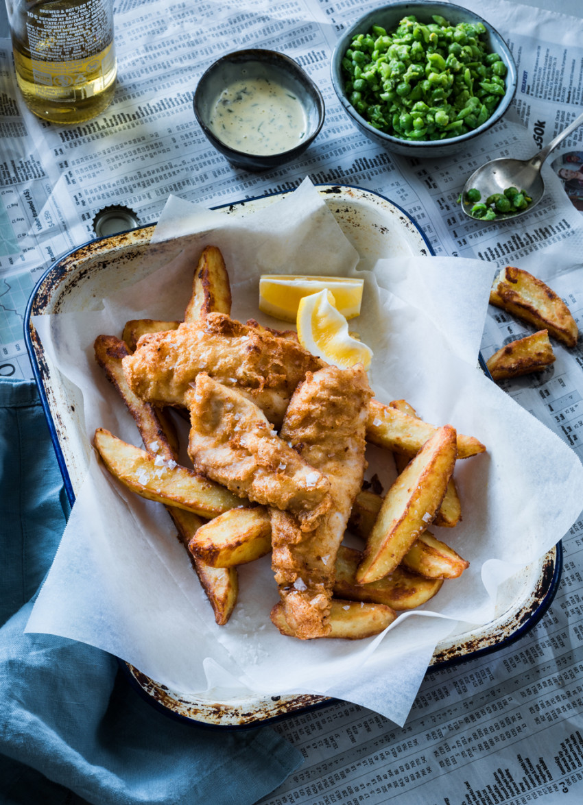 Beer Battered Fish and Chips with Smashed Peas