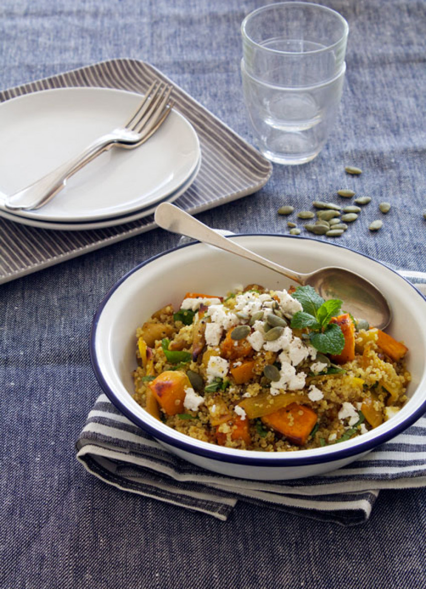 Quinoa Pilaf with Slow Roasted Turmeric Onions, Goat’s Cheese, Pumpkin and Mint