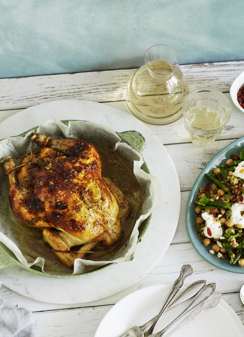Feta and Harissa Roasted Chicken with Farro, Mint and Goji Berry Salad