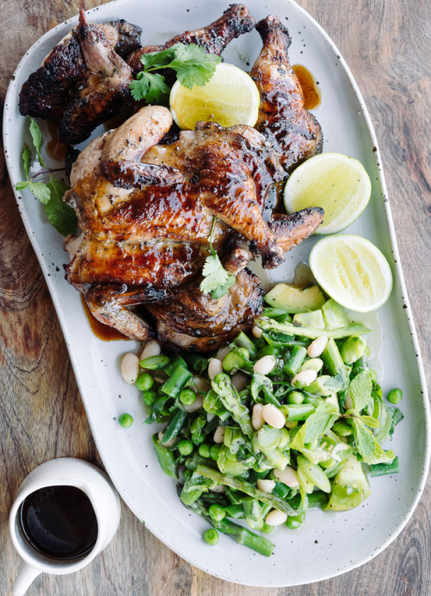 Jerk-Spiced Poussin with Spring Vegetable Succotash