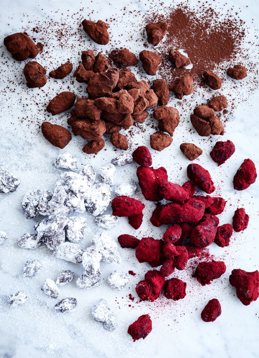 Chocolate Coated Candied Nuts with Plum Powder and Cocoa