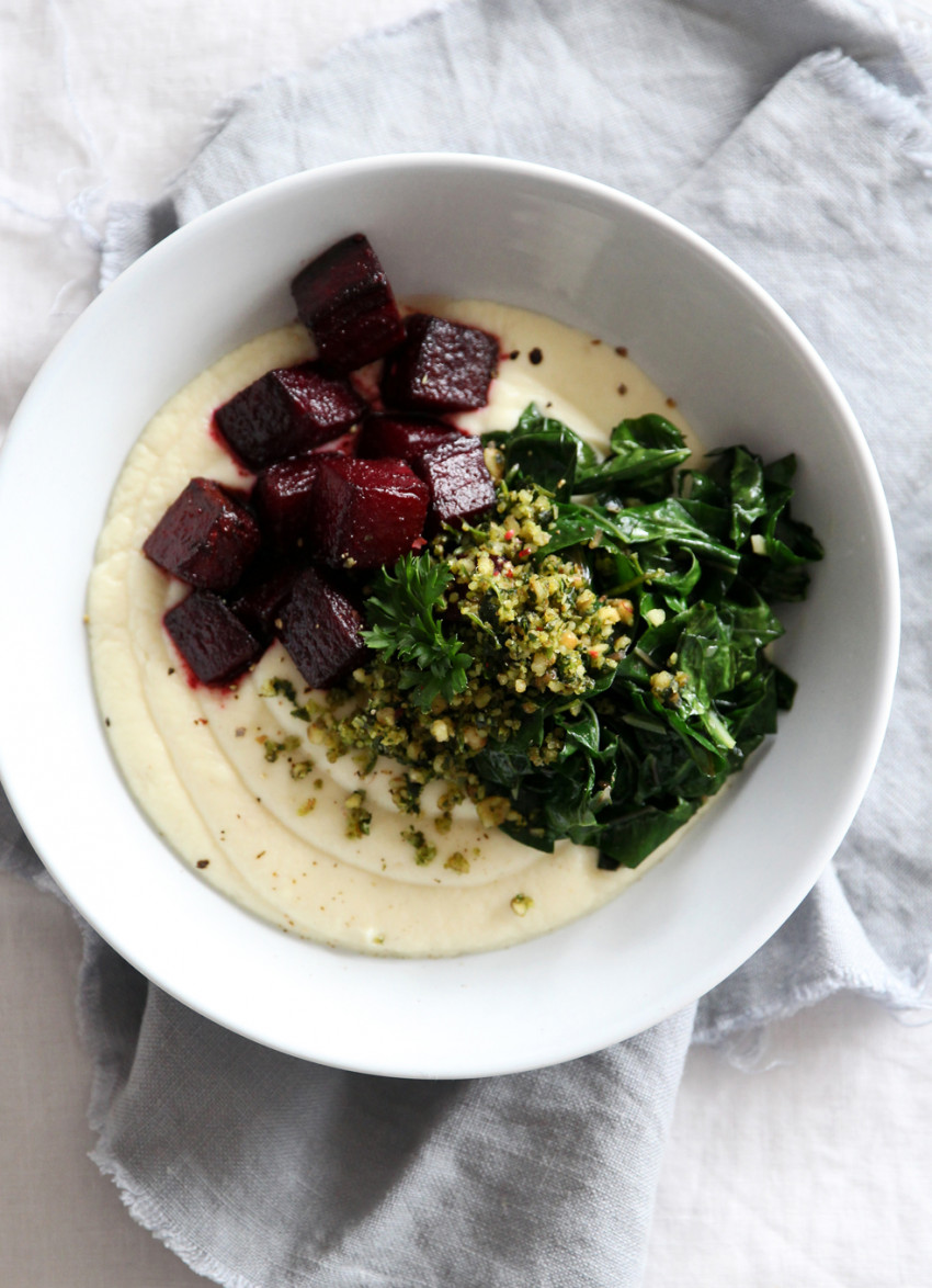 Balsamic Beets with Cauliflower and Parsnip Puree, Garlic Greens and a Walnut Herb Crumb