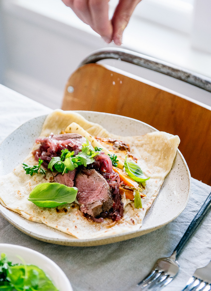 Cumin-Spiced Silver Fern Farms Lamb Leg Roast with Roasted Baby Veges, Caramelised Onions and Fresh Herb Salad