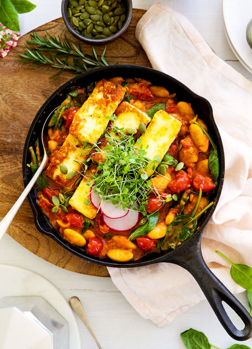 Smoky Saffron Baked Beans with Greens and Halloumi