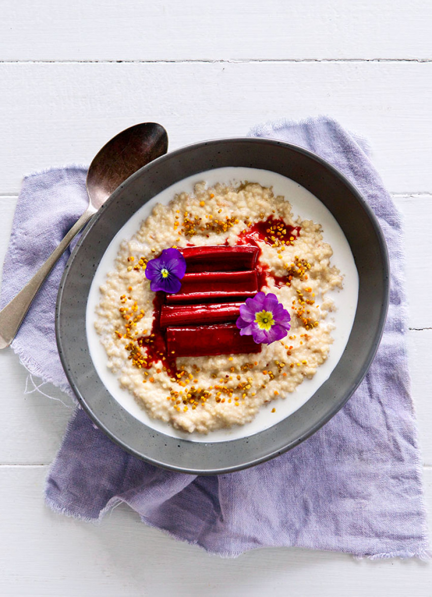 Creamy Millet Porridge and Red Wine Roasted Rhubarb