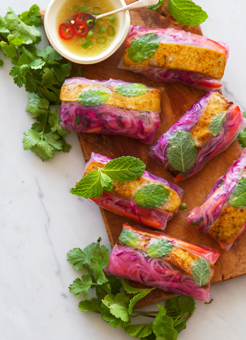 Spicy Tofu, Red Cabbage and Mint Fresh Spring Rolls