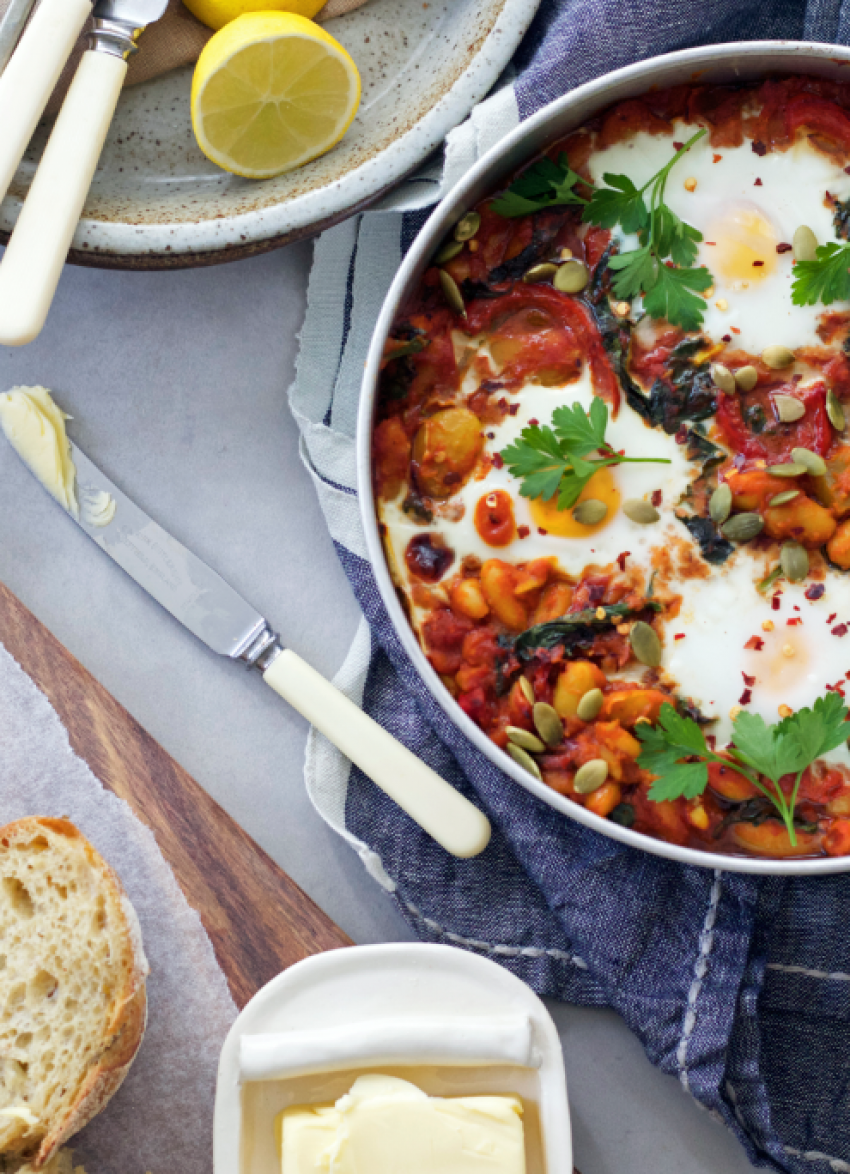 Middle Eastern Beans with Baked Eggs