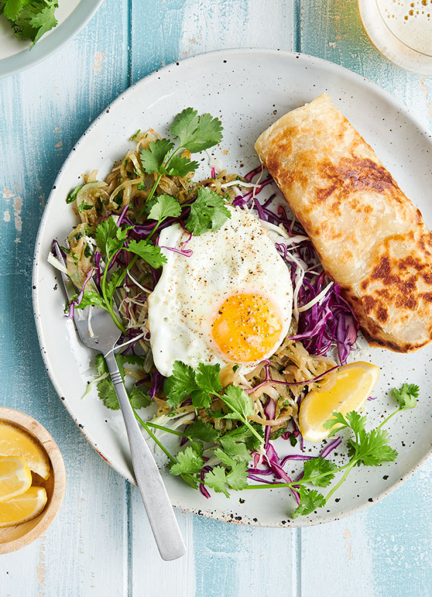 Roti with Green Curry Onions, Egg and Shredded Cabbage