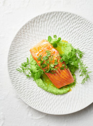 Salmon with Silky Pea Purée and Herb Salad