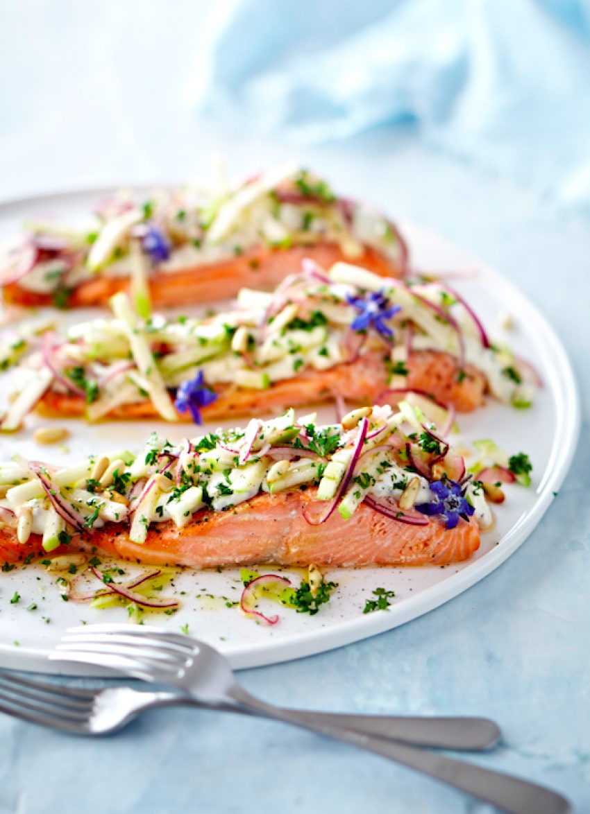 Baked Salmon with Green Apple and Pine Nut Salad
