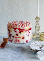 Trifle Layered with Lemon Cream and Raspberries with Baby Meringue Topping